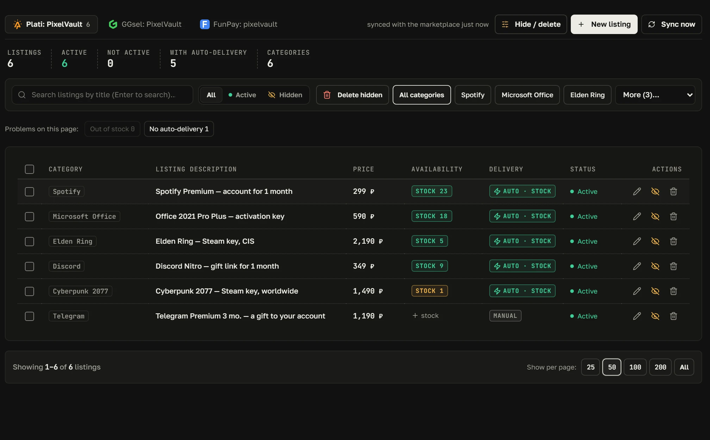 “My products → Listings”: the price, delivery and status of every listing