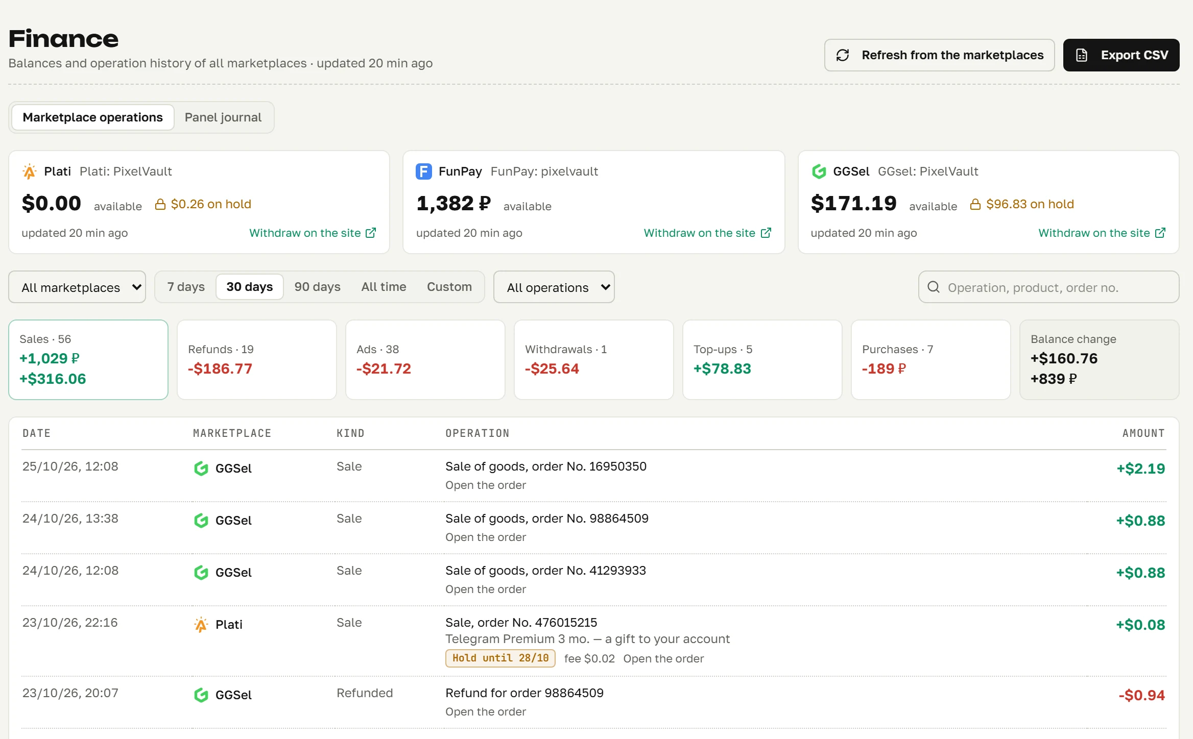 The “Finance” section: marketplace balances, totals and the history of operations