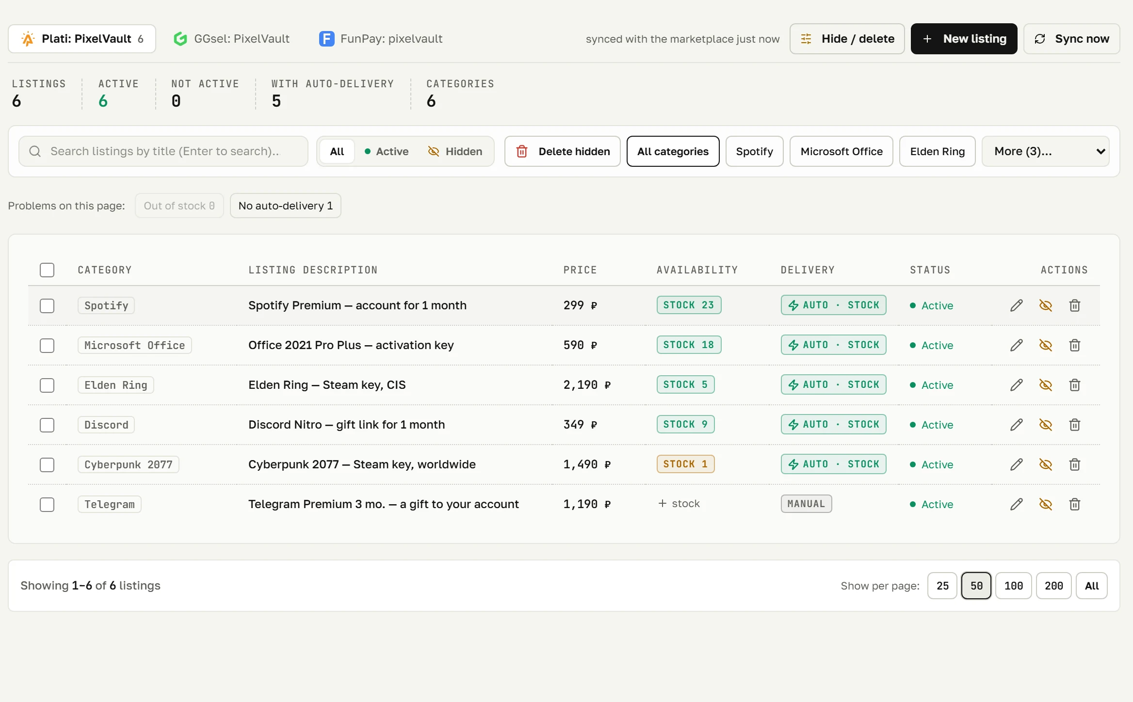 “My products → Listings”: the price, delivery and status of every listing